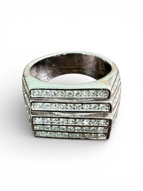 Stacked Row Crystal Silver Tone Statement Ring size 8.5